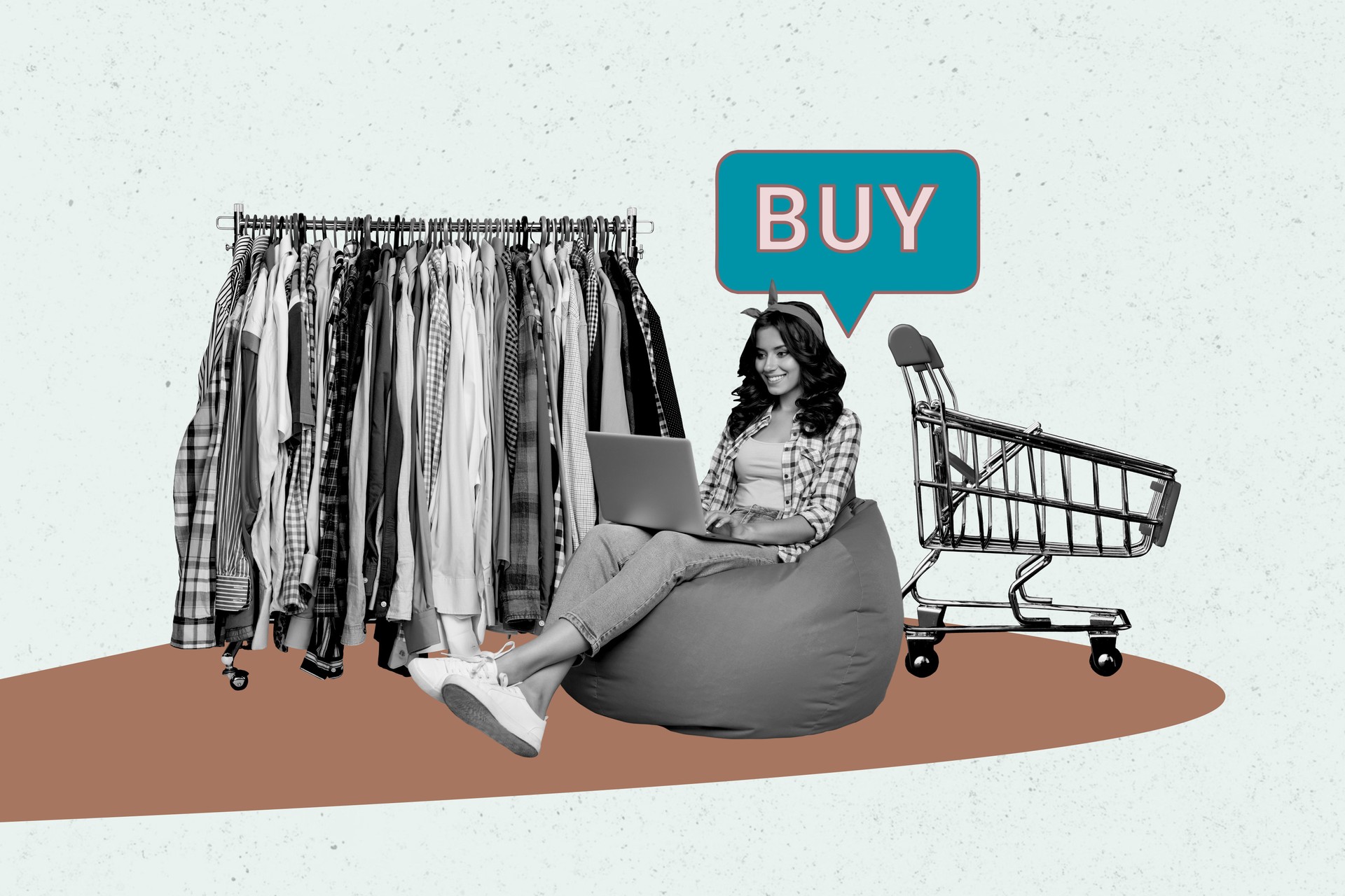 Composite photo collage of happy girl shopaholic sit beanbag type laptop wardrobe online order trolley isolated on painted background